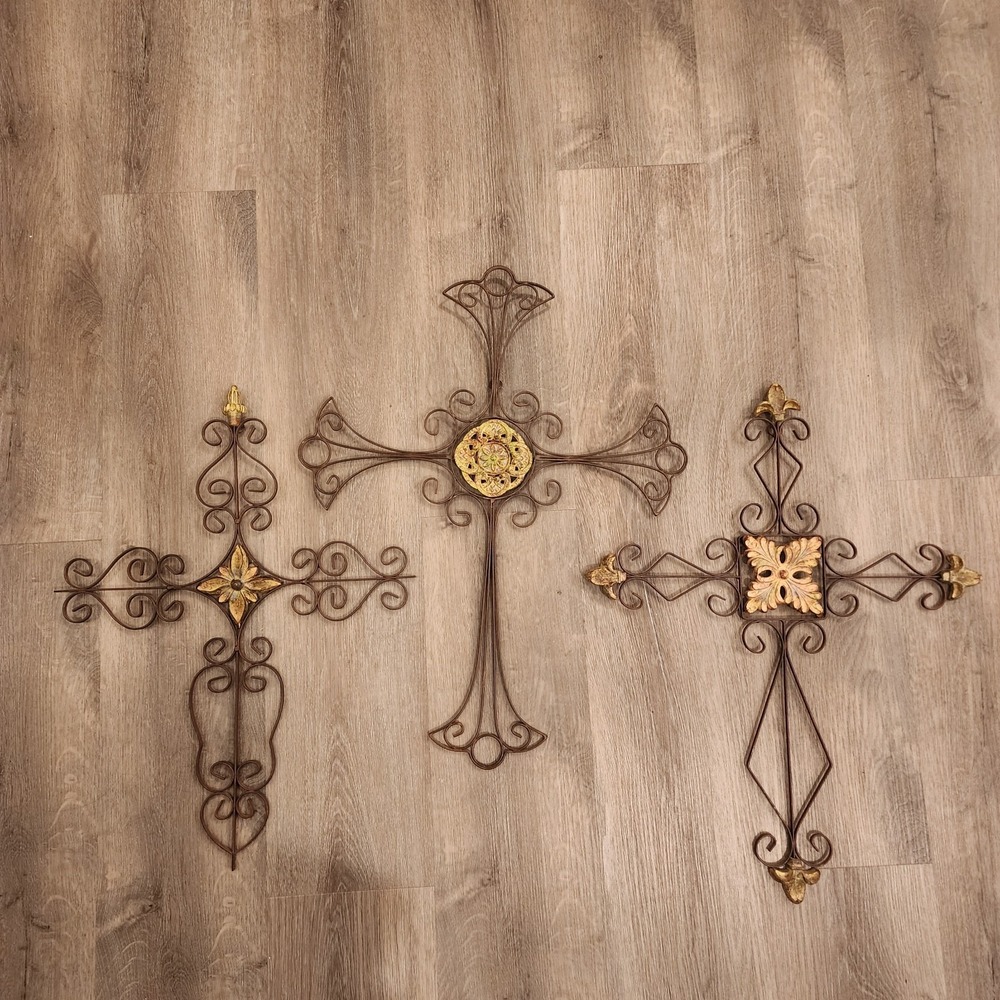 Set of 3 Metal Wall Crosses‎ Ornate Scrollwork Gold Accents Farmhouse Decor